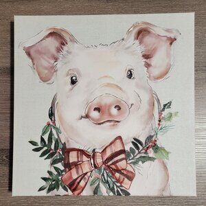 Farmhouse Holiday Pig with Wreath Canvas, 12 X 12